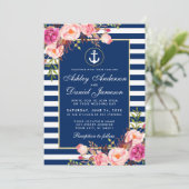 Invitation Mariage nautique Bleu rayures rose Floral Invitati (Debout devant)