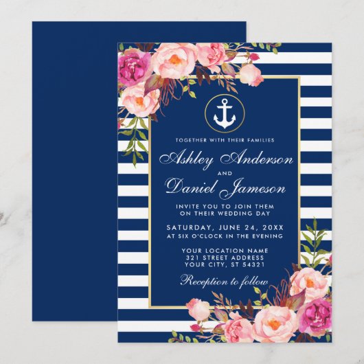 Invitation Mariage nautique Bleu rayures rose Floral Invitati (Devant / Derrière)