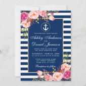 Invitation Mariage nautique Bleu rayures rose Floral Invitati (Devant)
