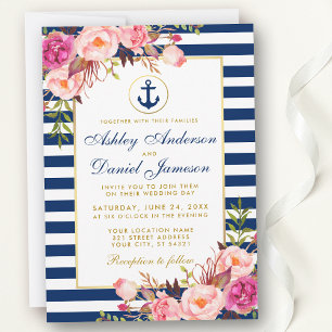 Invitation Mariage nautique Bleu rayures rose Floral Invitati