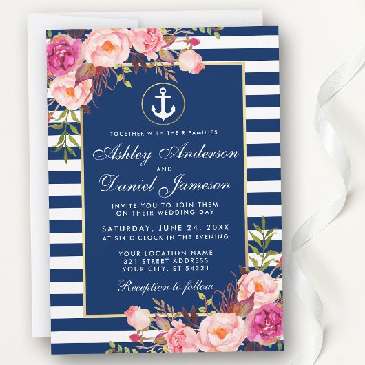 Invitation Mariage nautique Bleu rayures rose Floral Invitati