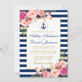 Invitation Mariage nautique Bleu rayures rose Floral Invitati (Devant)
