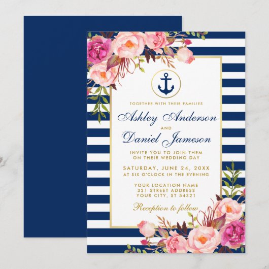 Invitation Mariage nautique Bleu rayures rose Floral Invitati (Devant / Derrière)