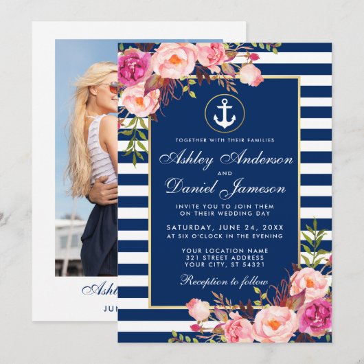 Invitation Mariage nautique Bleu rayures rose florale photo (Devant / Derrière)