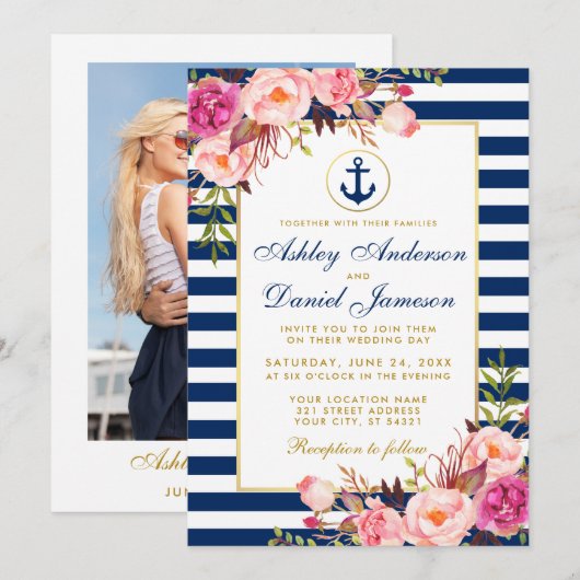 Invitation Mariage nautique Bleu rayures rose florale photo (Devant / Derrière)