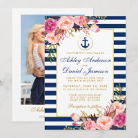 Mariage nautique Bleu rayures rose florale photo