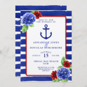 Invitation Mariage nautique bleu rouge Hydrangée aquarelle (Devant / Derrière)