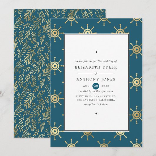 Invitation Mariage Nautique Bleu Turquoise et Or (Devant / Derrière)