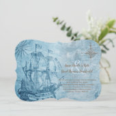 Invitation Mariage nautique bleu vintage navire (Debout devant)