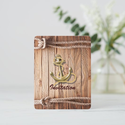 Invitation mariage nautique bois quai bateau ancre (Debout devant)