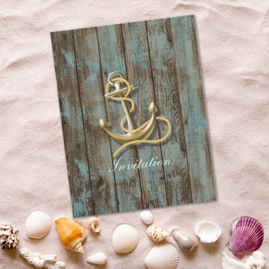 Invitation mariage nautique bois quai bleu plage ancre