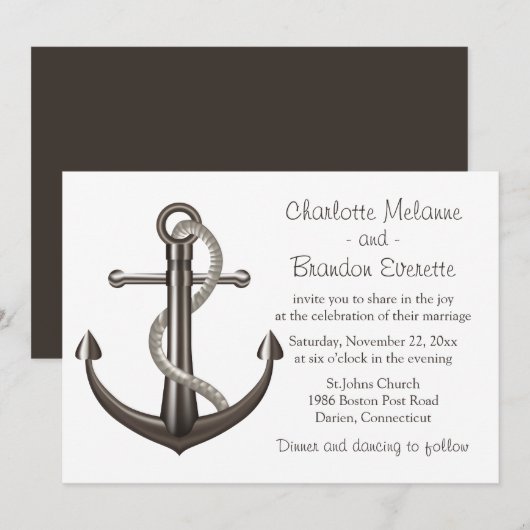 Invitation Mariage nautique Brown Navire Ancre Beach Sailor (Devant / Derrière)