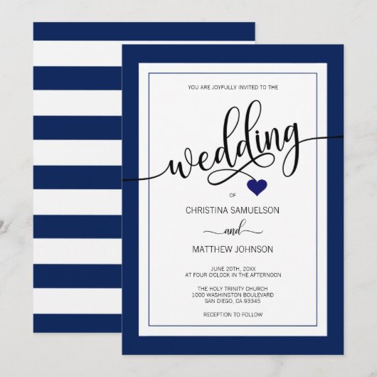 Invitation Mariage nautique chic de bleu marine de rayures (Devant / Derrière)