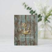 Invitation Mariage nautique d'ancre de plage en bois bleu rus (Debout devant)