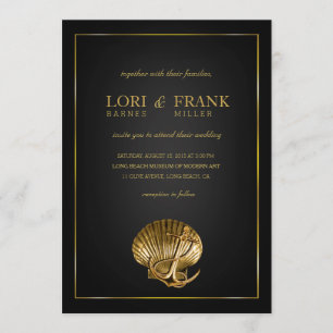 Invitation Mariage nautique de Seashell ancré  noir et or