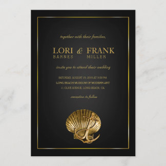Invitation Mariage nautique de Seashell ancré| noir et or