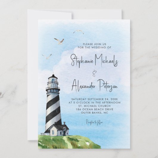 Invitation Mariage nautique du phare d'aquarelle (Devant)