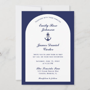 Invitation Mariage nautique élégant à l'arche blanc et bleu m