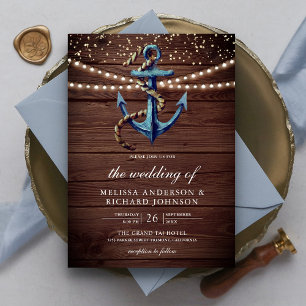 Invitation Mariage Nautique en Bois Rustique Bleu Marine Ancr