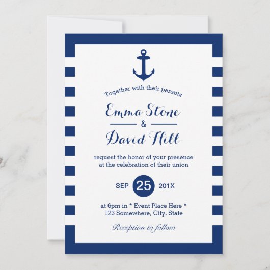 Invitation Mariage nautique Marine Ancre bleue et rayures (Devant)