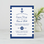 Invitation Mariage nautique Marine Ancre bleue et rayures (Debout devant)