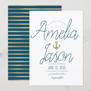 Invitation Mariage Nautique Minimaliste Bleu Faux Foil Script