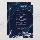 Invitation Mariage nautique moderne en marbre bleu et marine (Devant / Derrière)