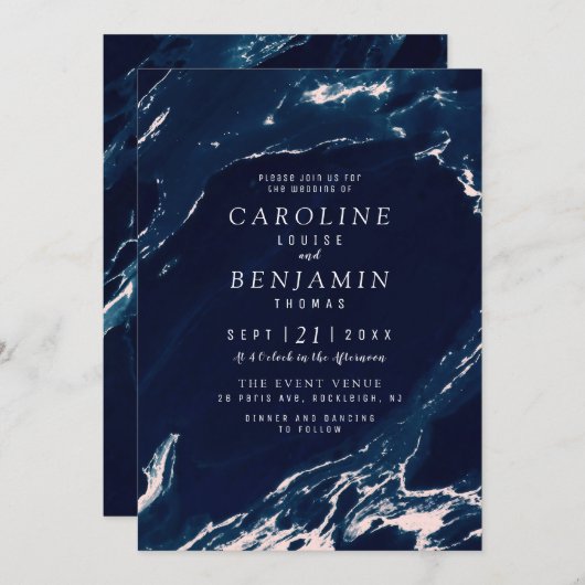 Invitation Mariage nautique moderne en marbre bleu et marine (Devant / Derrière)