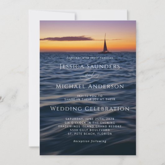 Invitation Mariage nautique moderne Sunset Sail avec code QR (Devant)