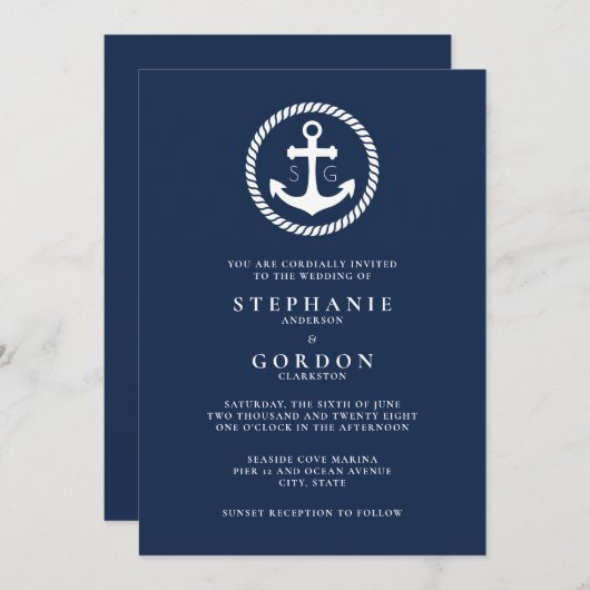 Invitation Mariage nautique Monogram Marine (Devant / Derrière)