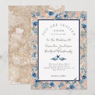 Invitation Mariage Nautique Plage Coquillages Fleurs Rose LT