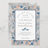 Invitation Mariage nautique Plage Sea Shell Flowers Rose Gy (Devant / Derrière)