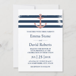 Invitation Mariage nautique Rose Ancre d'or Stripes de marine