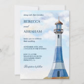 Invitation Mariage nautique Rustique bleu aquarelle phare (Devant)