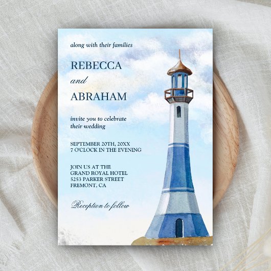 Invitation Mariage nautique Rustique bleu aquarelle phare