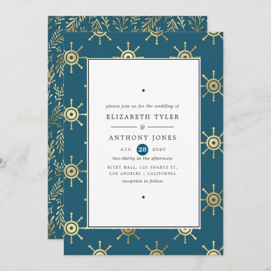 Invitation Mariage nautique turquoise et Gold (Devant / Derrière)