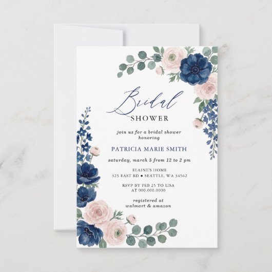Invitation Mariage naval et moderne avec verdure rose (Devant)
