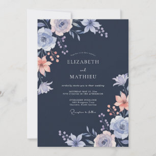 Invitation Mariage Navy Abricot Feuillage Eucalyptus