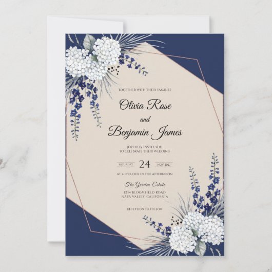 Invitation Mariage Navy Blanc Hydrangea Eucalyptus (Devant)