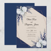 Invitation Mariage Navy Blanc Hydrangea Eucalyptus (Devant / Derrière)