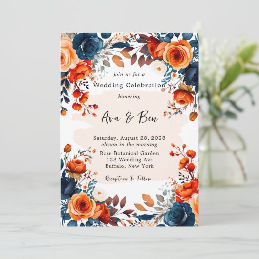 Invitation Mariage Navy Blue and Orange Peony (Debout devant)