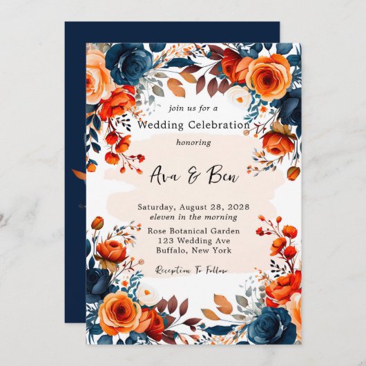 Invitation Mariage Navy Blue and Orange Peony (Devant / Derrière)
