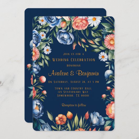 Invitation Mariage Navy Blue and Orange Peony (Devant / Derrière)