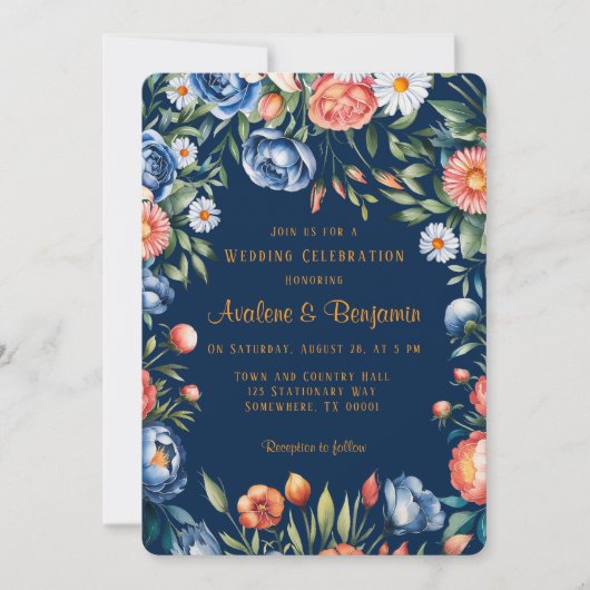 Invitation Mariage Navy Blue and Orange Peony (Devant)