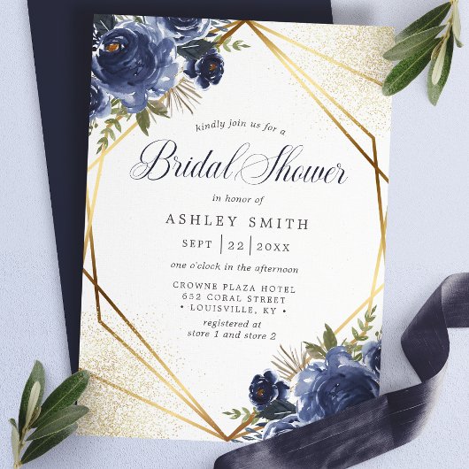 Invitation Mariage Navy Blue Floral Or Géométrique