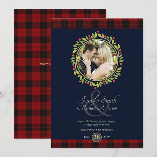 Invitation Mariage Navy Blue Noël PHOTO Plaid de Buffalo (Devant / Derrière)