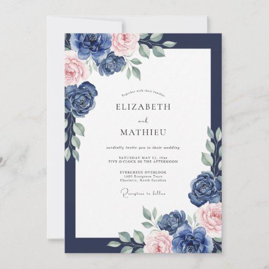 Invitation Mariage Navy Blush Ranunculus Eucalyptus (Devant)