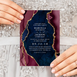 Invitation Mariage Navy, Bourgogne & Agate Doré