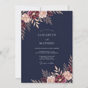 Invitation Mariage Navy Bourgogne Floraison Romance