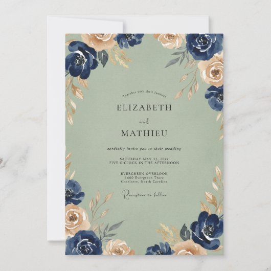 Invitation Mariage Navy Champagne Ranunculus Eucalyptus (Devant)
